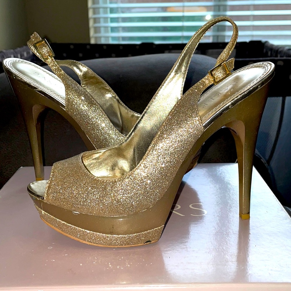 Bakers Gold Glitter Sling Back High Heels
